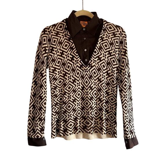 Tory Burch Brown Tan Geometric Sweater Removable Cuff Collar Sz S - Picture 1 of 9